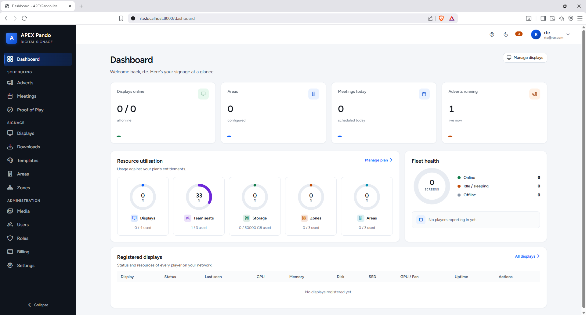 APEX Pando dashboard — displays, resource utilisation and fleet health at a glance